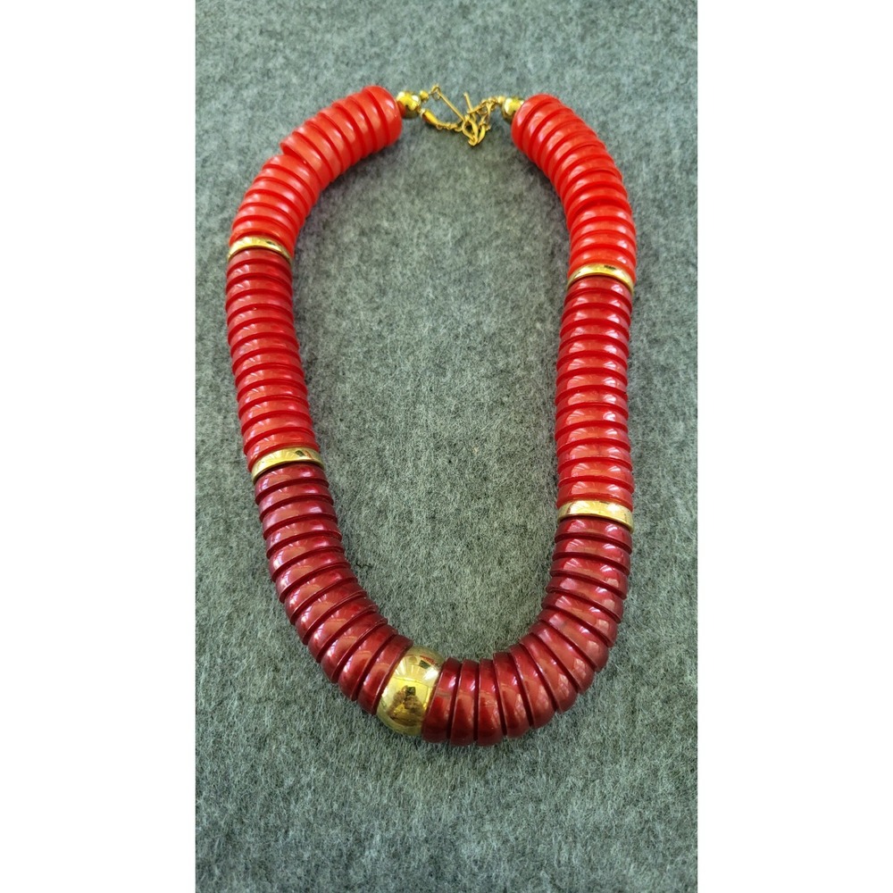 Red Hard Plastic Disc Bead Necklace Gold Tone Spacers 16in Statement Chunky